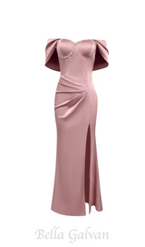 off-shoulder crystal detail satin maxi dress in pink