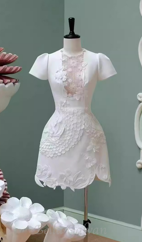 VALERIE EMBROIDERED 3D FLOWER MINI DRESS IN WHITE