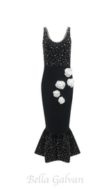 DORIS FLORAL PEARL EMBELLISHED MERMAID BLACK MAXI DRESS