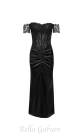 HELEN OFF-SHOULDER LACE RUCHED BODYCON BLACK MAXI DRESS