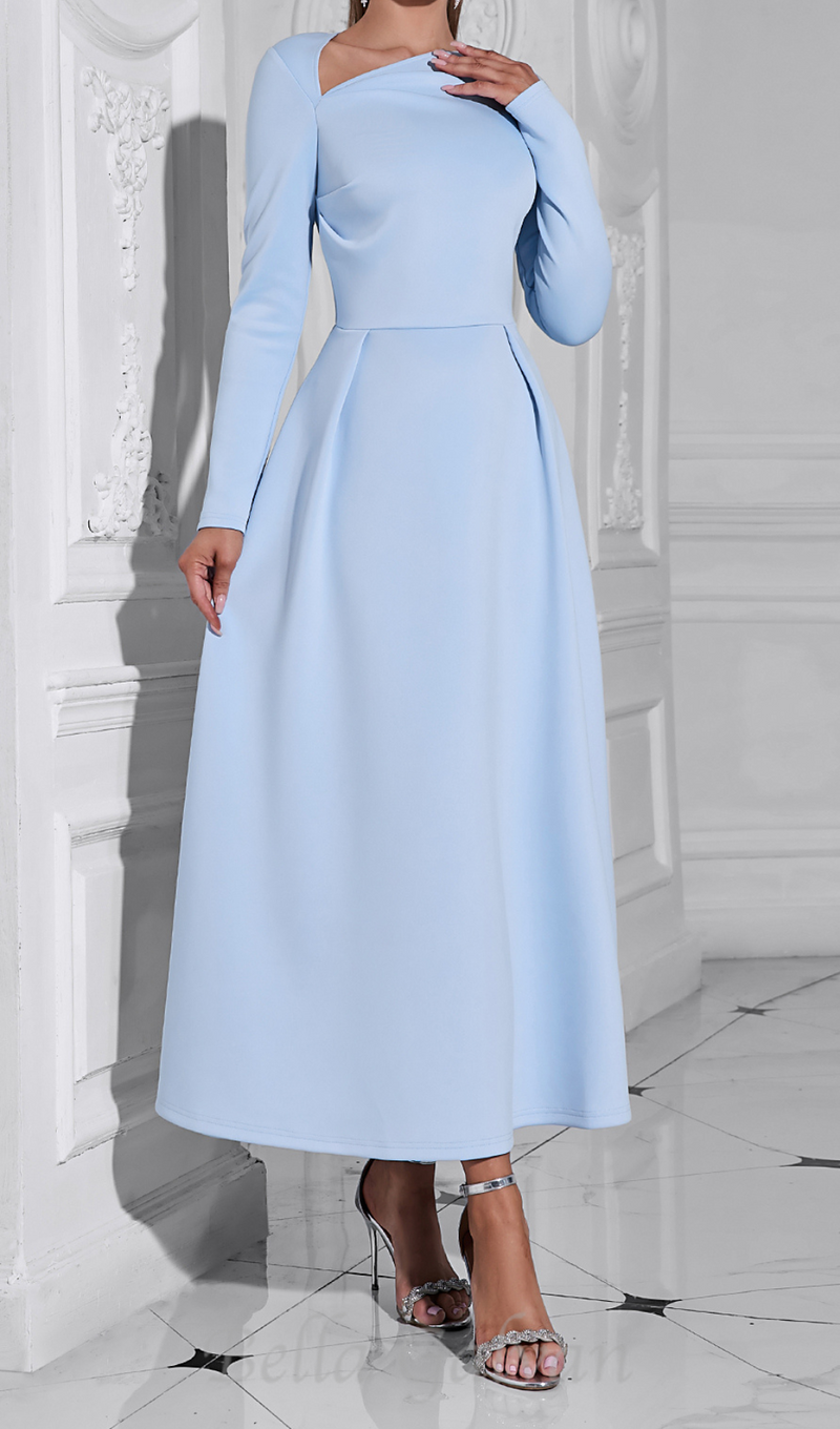 long sleeve satin a-line maxi dress in blue