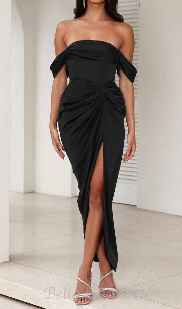 strapless satin midi dress in black