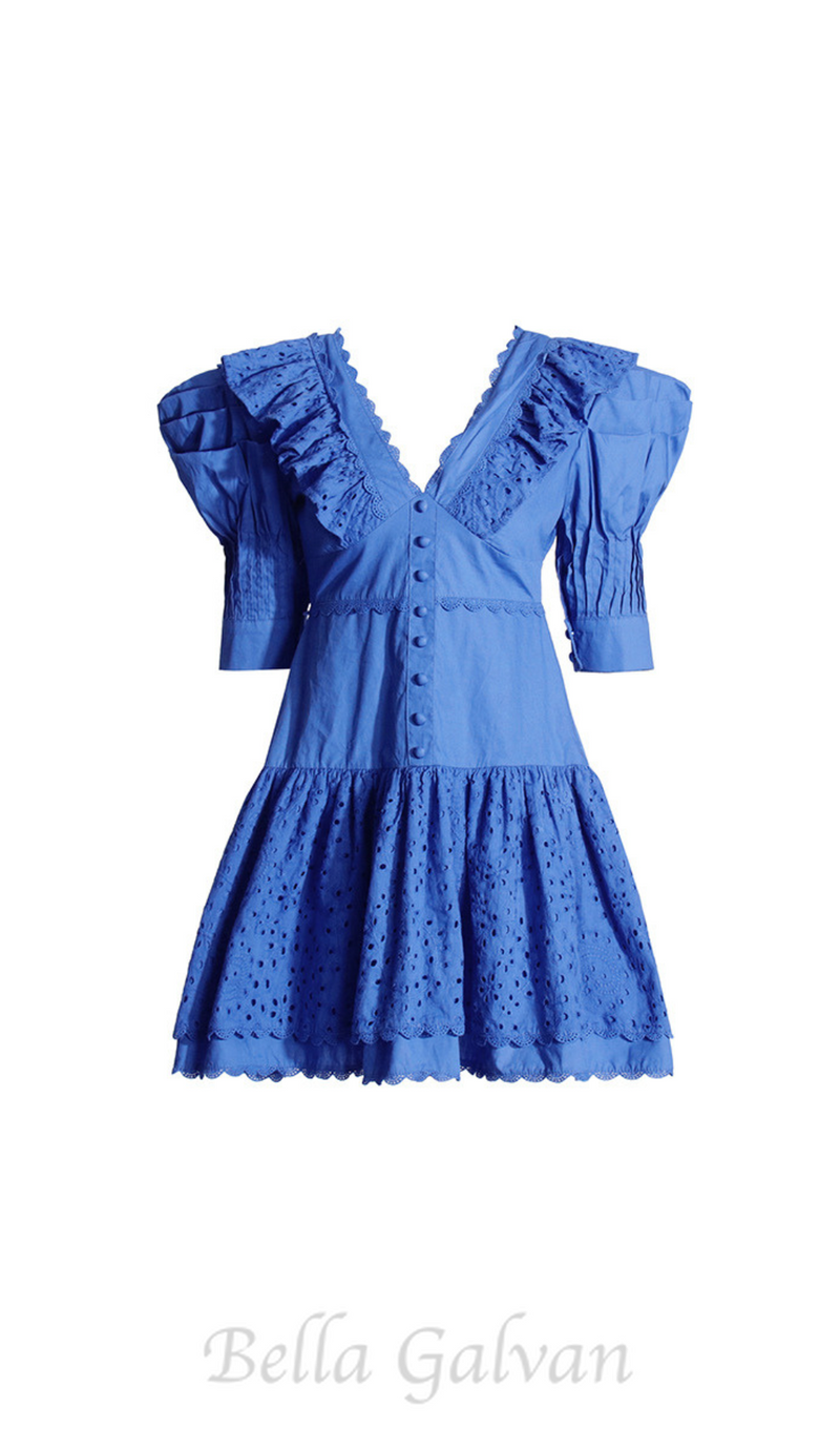 BLUE V-NECK EMBROIDERED RUFFLED MINI DRESS