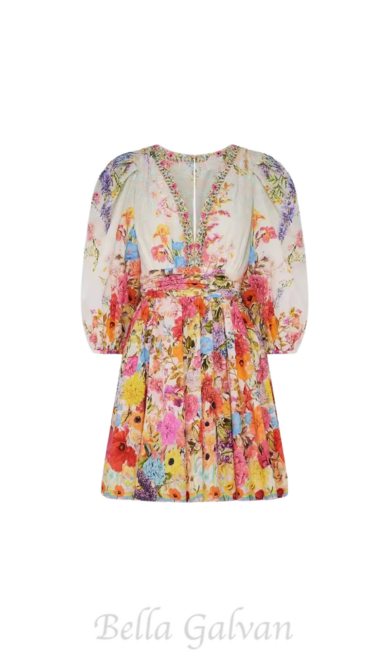 PUFF SLEEVE PRINT SILK MINI DRESS