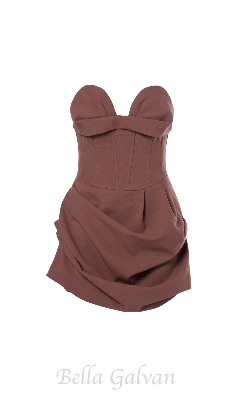 GRISELDA DRAPED WOOL-BLEND BUSTIER MINI DRESS IN BROWN