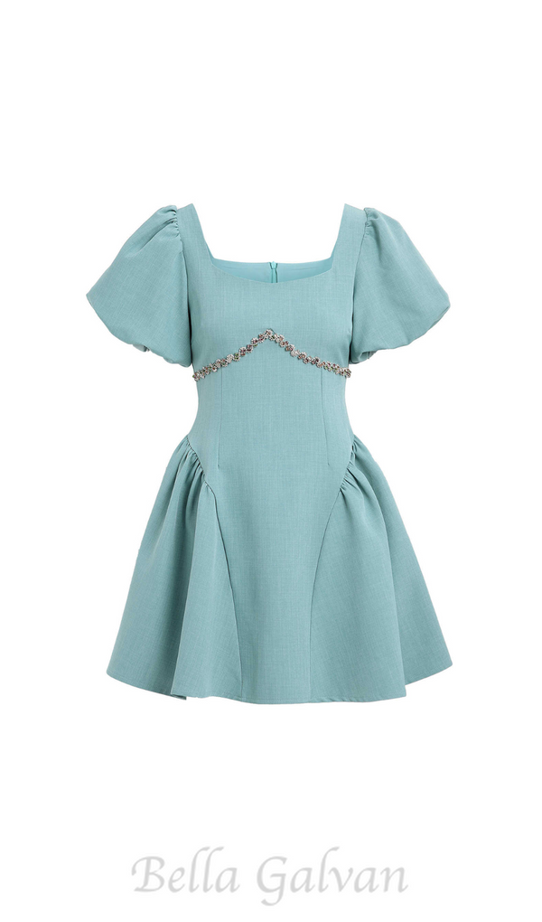 PUFF SLEEVES WAIST-TIGHTENING MINI DRESS IN GREEN