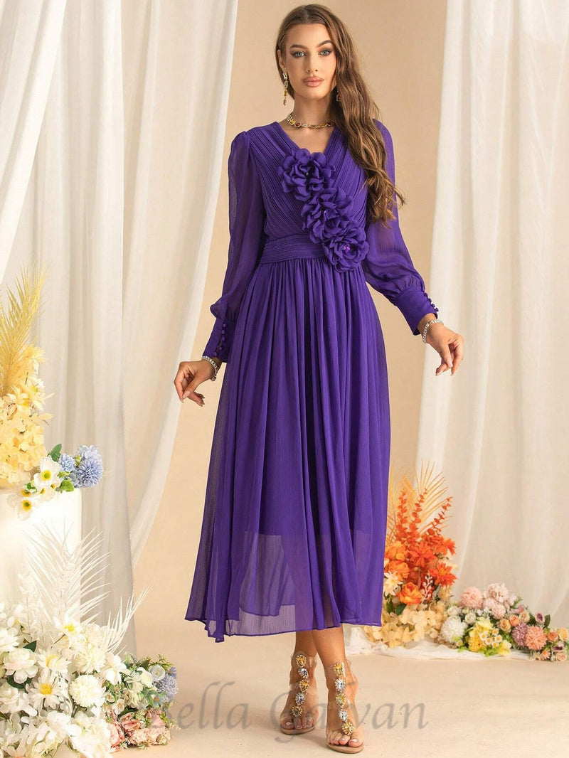 three-dimensional flower v-neck purple chiffon maxi dress