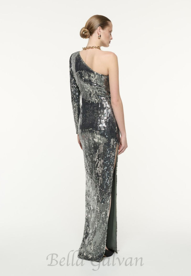 Floral-appliqué sequin gown in silver