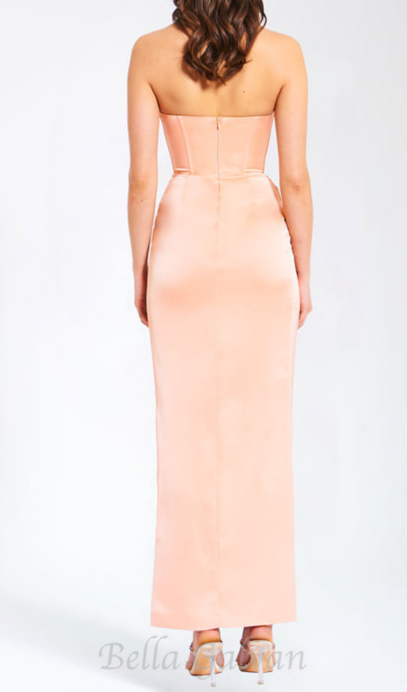 BLUSH SATIN CORSET SLIT GOWN WITH CRYSTAL EMBELLISHED