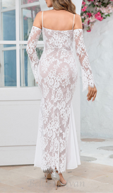 LONG SLEEVE DRAPED LACE MAXI DRESS IN WHITE