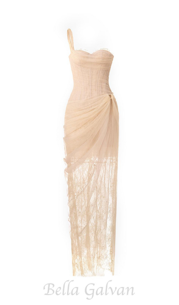 ONE SHOULDER MESH RUCHED MIDI DRESS IN PALE YELLOW