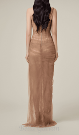 ONE SHOULDER MESH RUCHED MIDI DRESS IN BROWN