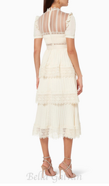 PLEATED LACE MIDI DRESS IN APRICOT