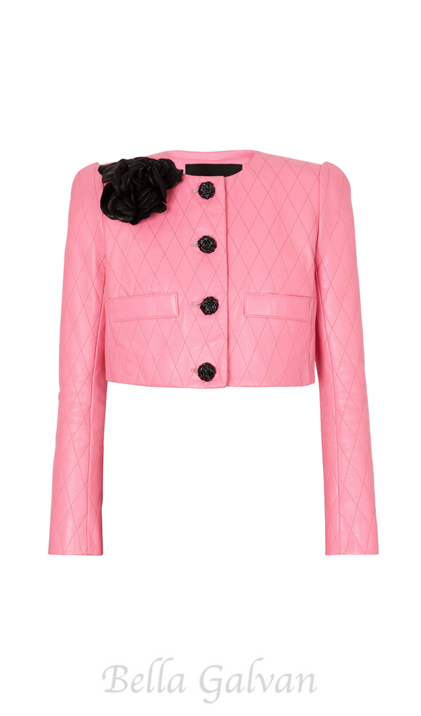 PINK QUILTED CROPPED LEATHER JACKET