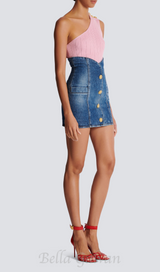 DENIM TULIP MINI DRESS WITH BUTTONS IN NAVY