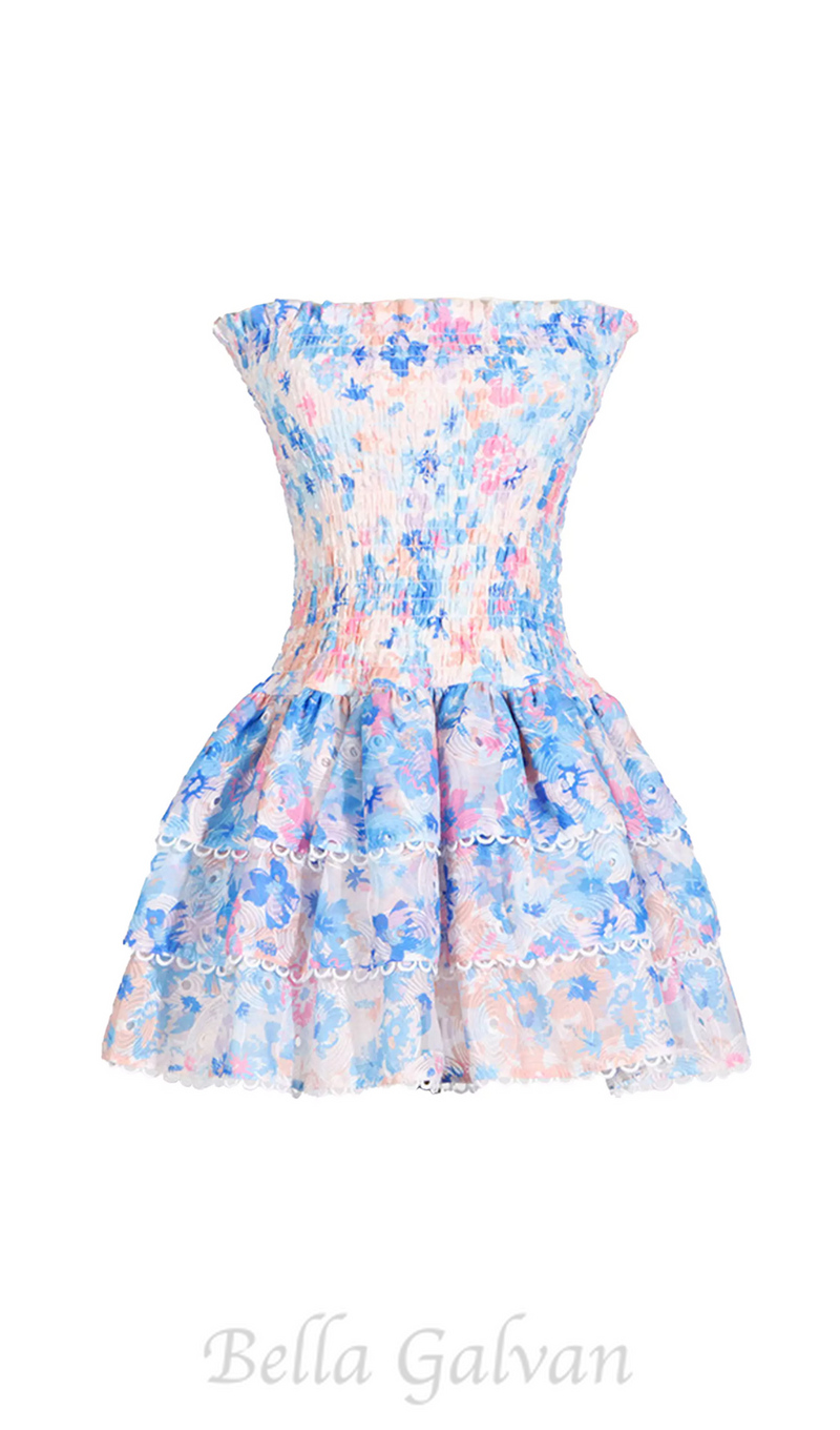 BLUE FLORAL RUCHED STRAPLESS MINI DRESS