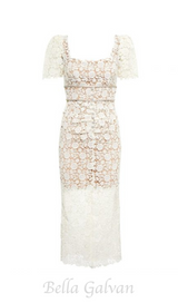 EMBELLISHED GUIPURE LACE MIDI DRESS IN WHITE