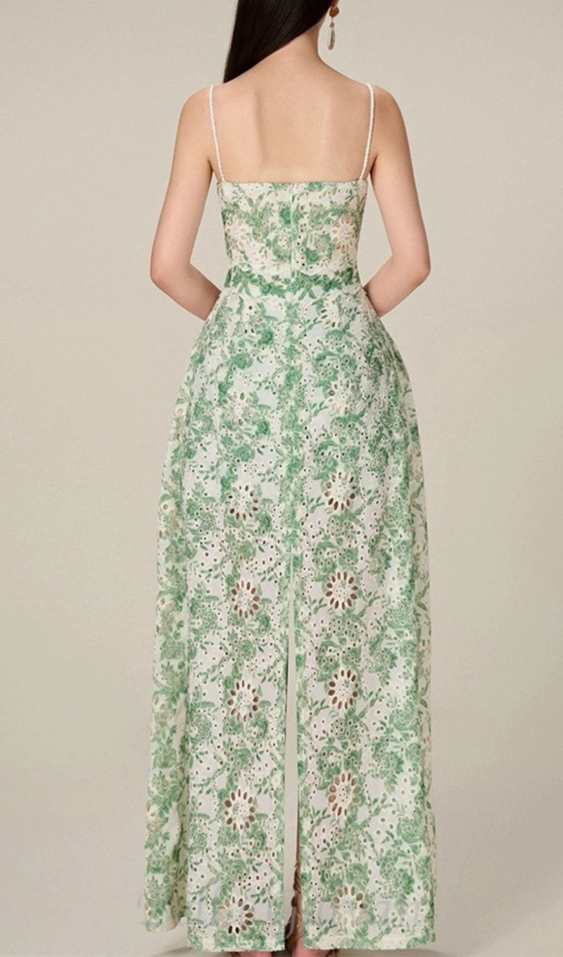FLORAL PRINTED THIGH SLIT MIDI DRESS IN GREEN