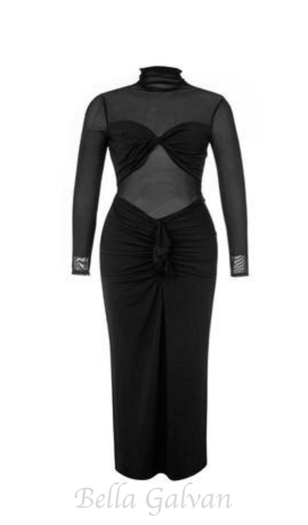 SHEER RUCHED MAXI DRESS IN BLACK