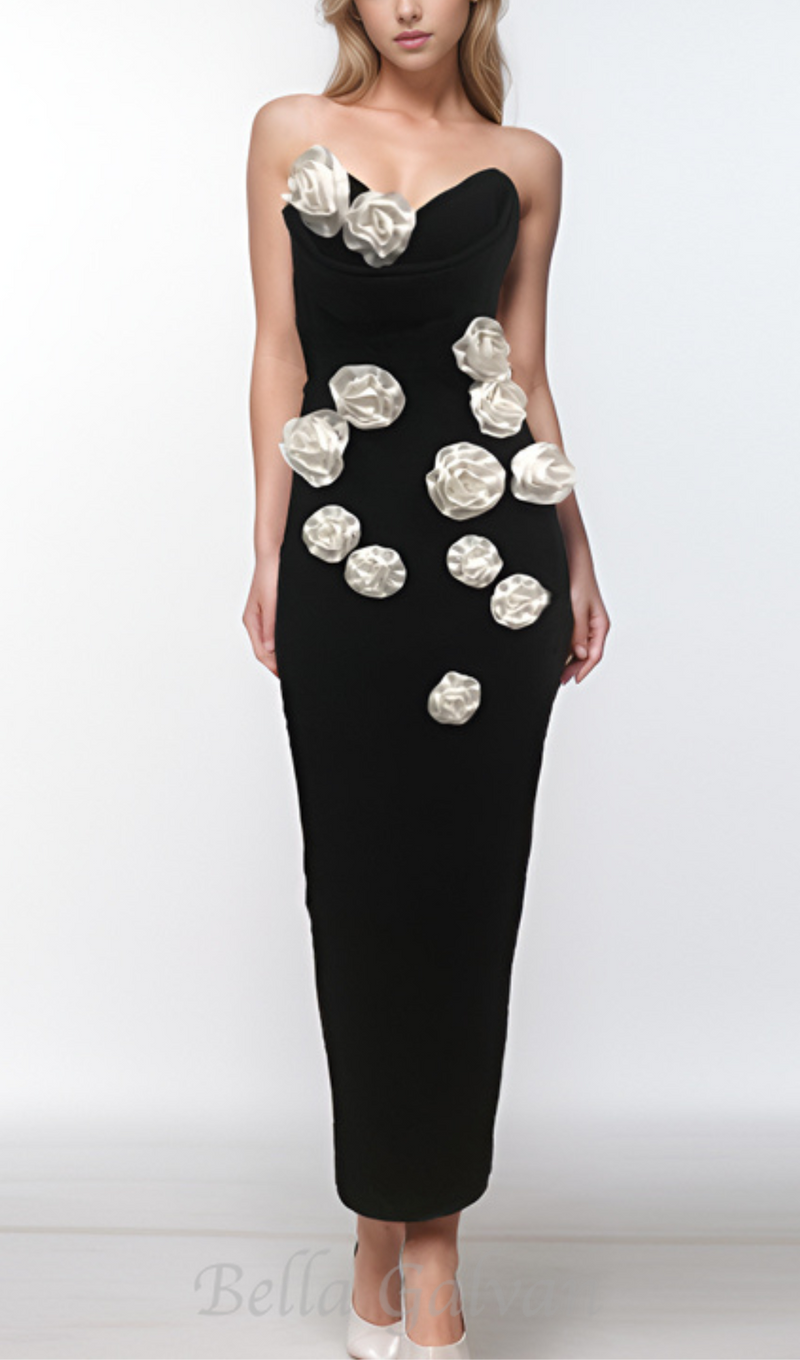 STRAPLESS FLORAL CORSET MAXI DRESS IN BLACK