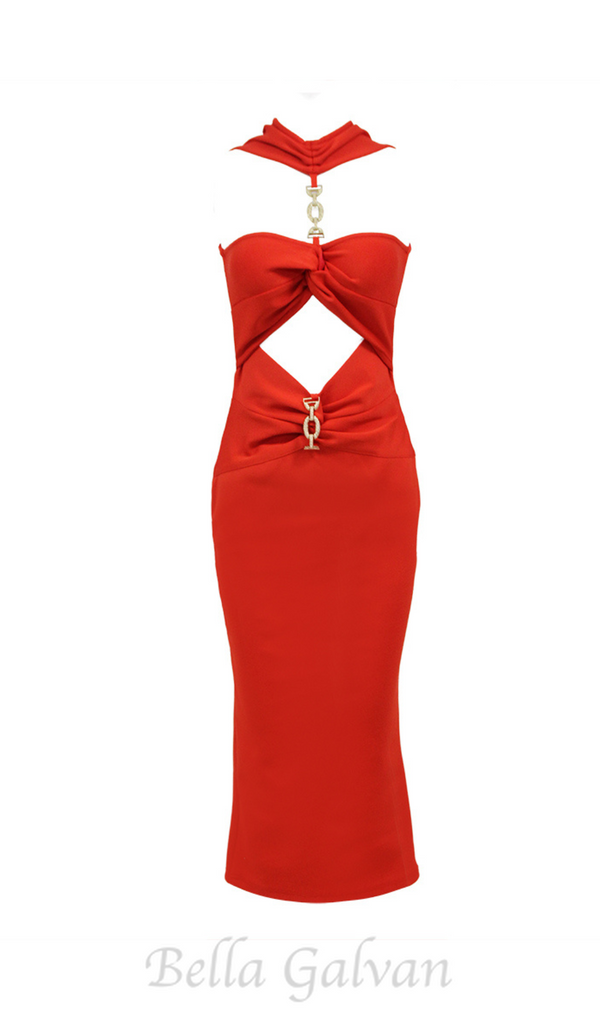CUT OUT KNIT BANDAGE MIDI DRESS IN RED