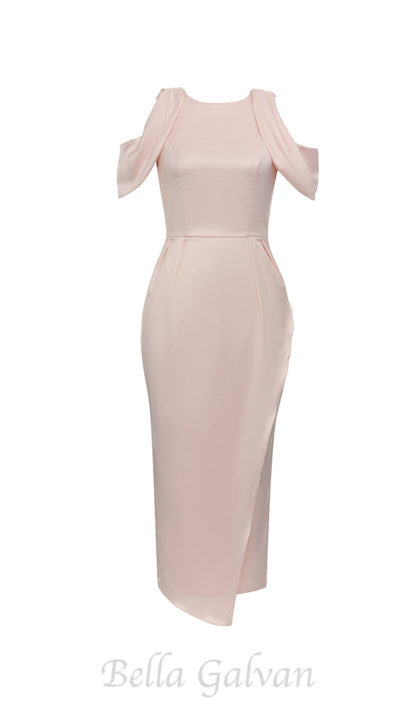 BODYCON SATIN RUCH MIDI DRESS IN PALE PINK