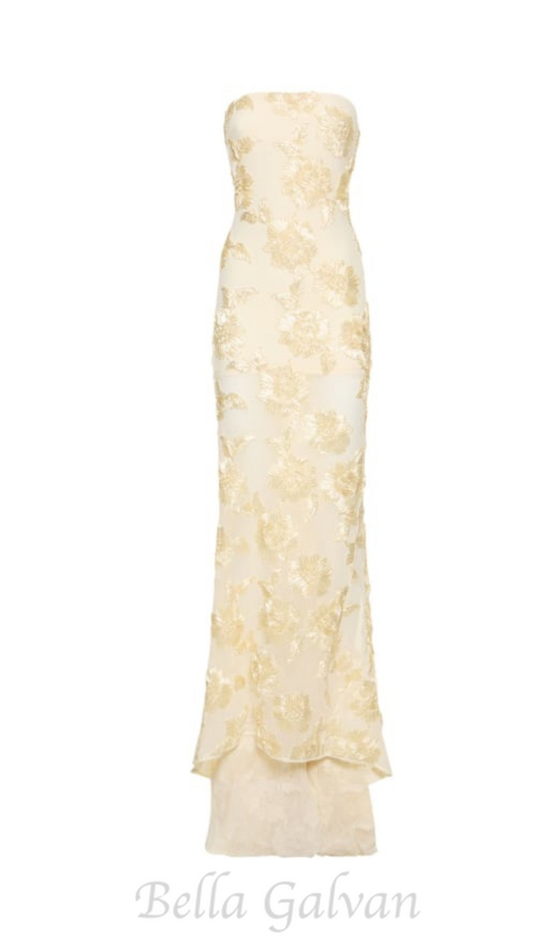 EMBROIDERED STRAPLESS GOWN IN APRICOT