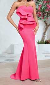 OFF SHOULDER RUFFLE TRIM BODYCON GOWN IN PINK