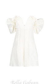 RUFFLED OFF-SHOULDER MINI SILK DRESS IN WHITE