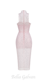 ADORA PINK BRAIDED LEATHER CRYSTAL EMBELLISHMENT MIDI DRESS