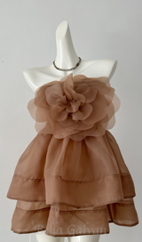 ALISA FLOWER TULLE STRAPLESS MINI DRESS IN BROWN