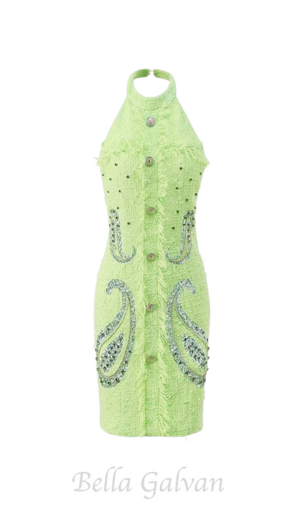 GEMMA PAISLEY-EMBELLISHED TWEED MINI DRESS IN GREEN