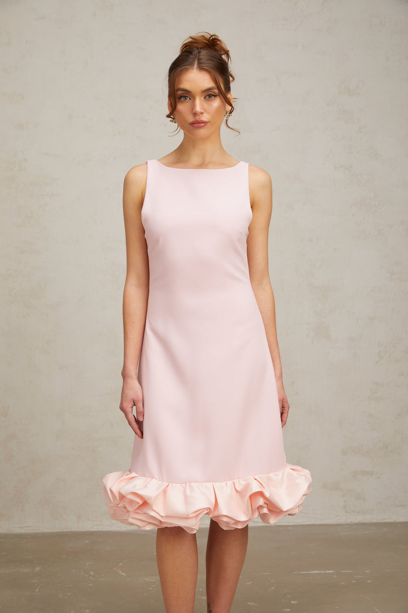 Charlène pink ruffled sleeveless midi dress