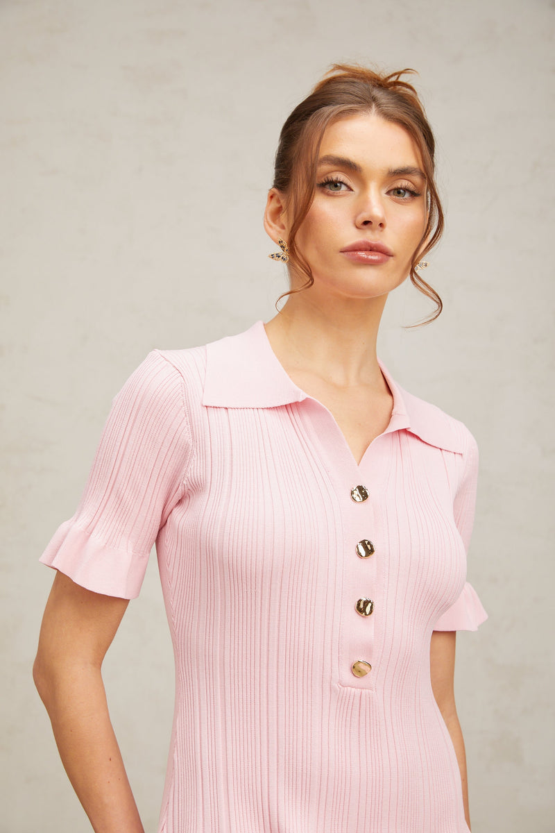 Nolwenn pink flared fine-knit mini dress