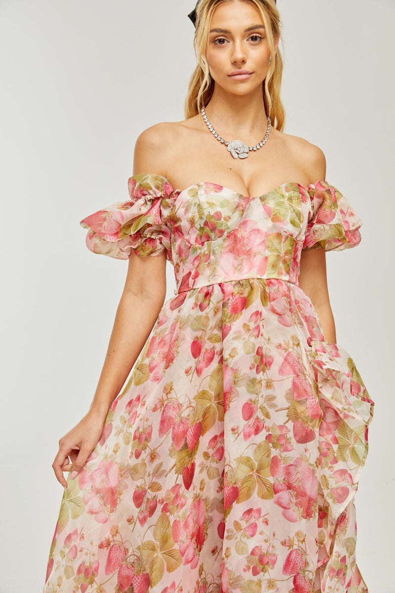 FRUIT-PRINT RUFFLED MAXI DRESS IN PINK