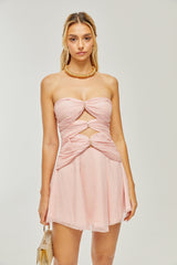 CUT-OUT PLEATED OFF-SHOULDER MINI DRESS IN PINK