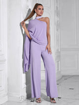 halter shawl jumpsuit in purple