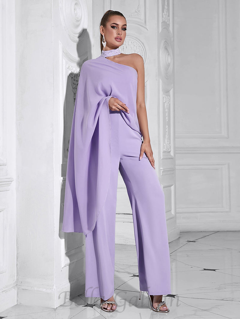 halter shawl jumpsuit in purple