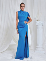 pleated high slit maxi dress in blue