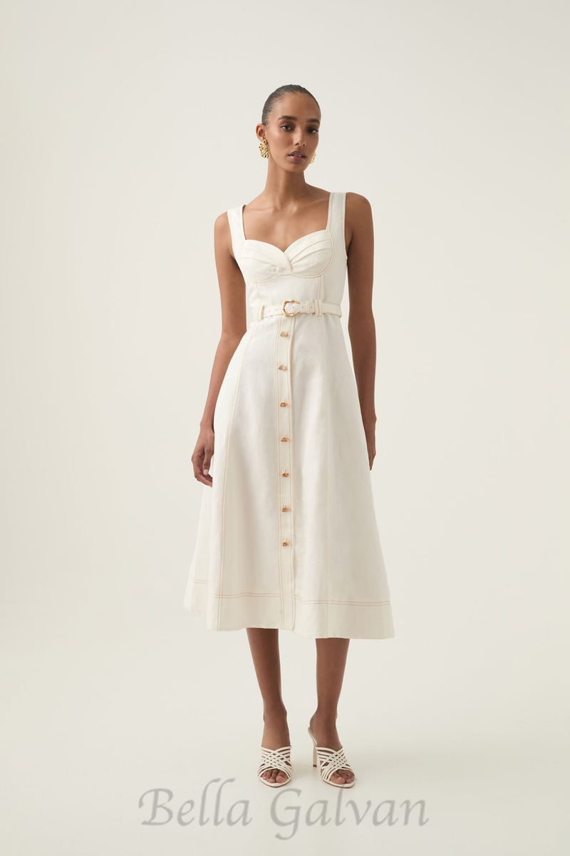 sweetheart neckline belted midi dress in ivory