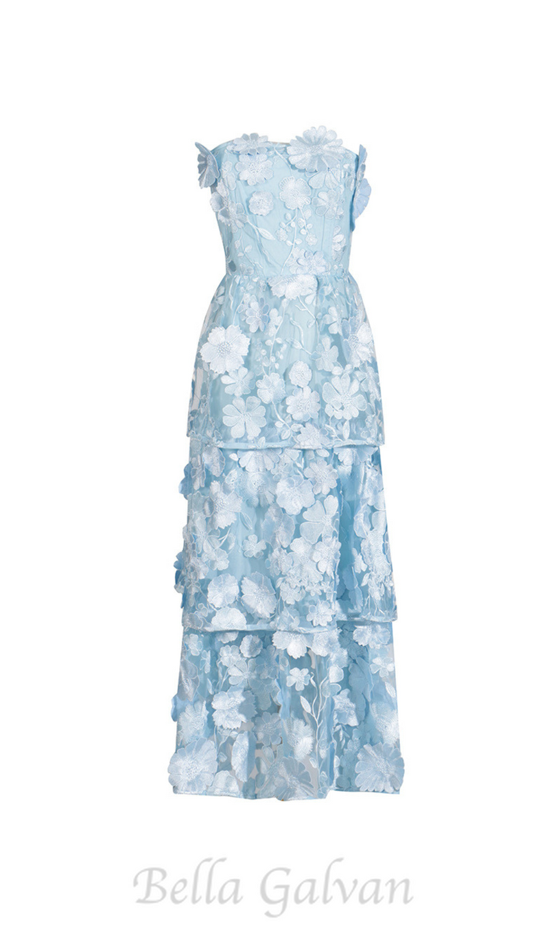 Selene 3D flower Tiered Maxi Dress In Blue