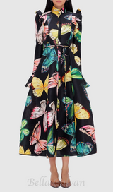 BUTTERFLY SLEEVE PAPILLON PRINT MIDI DRESS IN BLACK