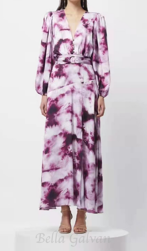 SUSANNA FUCHSIA BELTED TIE-DYED SATIN MAXI DRESS