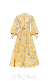 SIGRID YELLOW BUTTERCUP JASMINE LANTERN SLEEVE MIDI DRESS