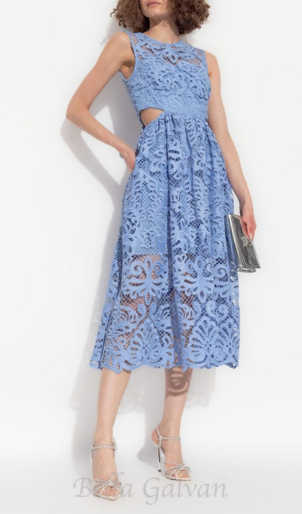 FANNY CUT-OUT LACE EMBROIDERY MIDI DRESS IN BLUE