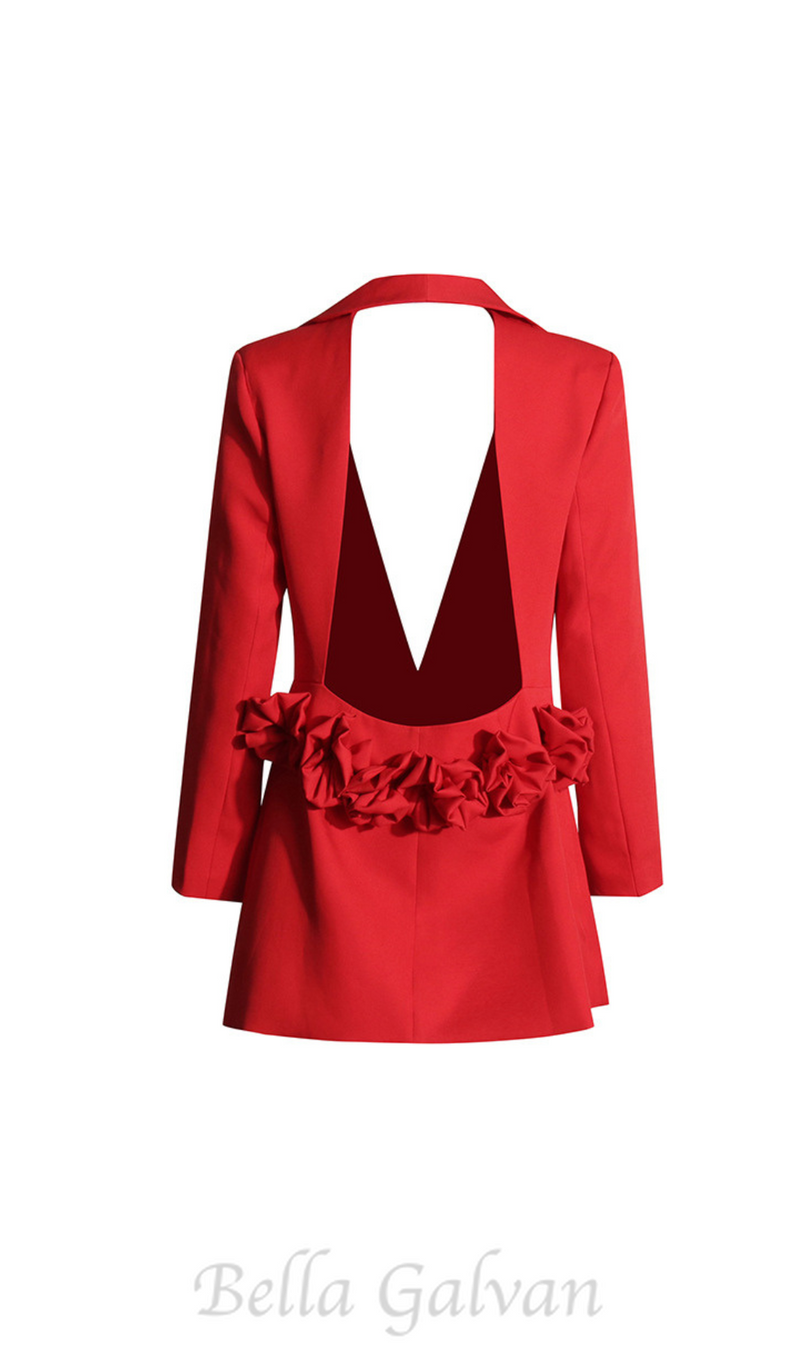 ELAINE DACRE BACK CUTOUT FLOWER BLAZER IN RED