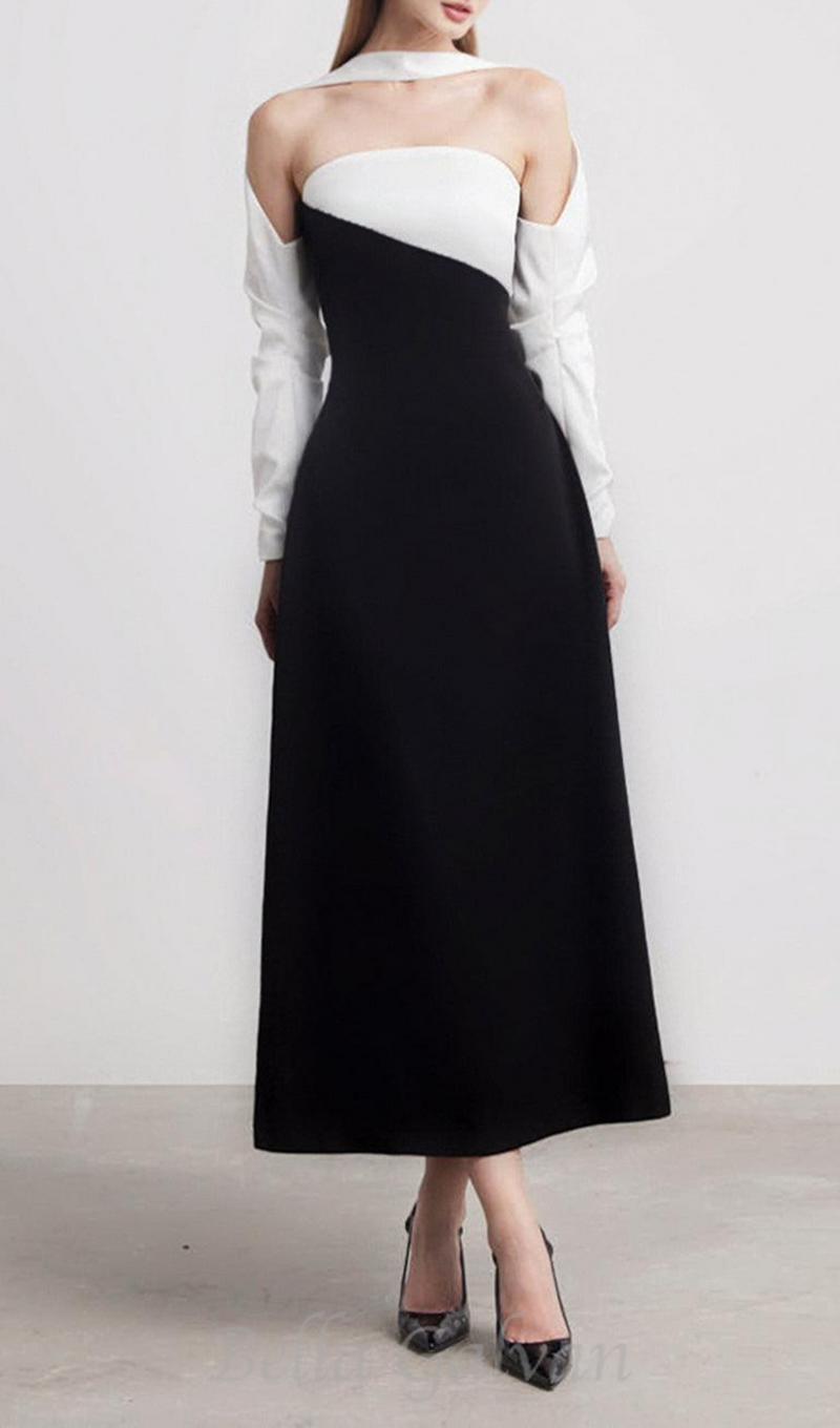 ARLENE BLACK LONG SLEEVED CUT OUT SILK TAFFETA MIDI DRESS