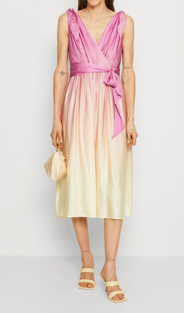 Wrap-over midi dress in pastel yellow without belt