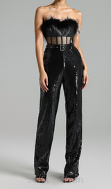 FANNY STRAPLESS FEATHER SEQUIN JUMPSUIT IN BLACK