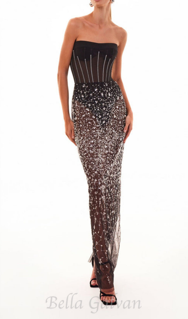 HAZEL CRYSTAL-COVERED STRAPLESS BLACK MAXI DRESS